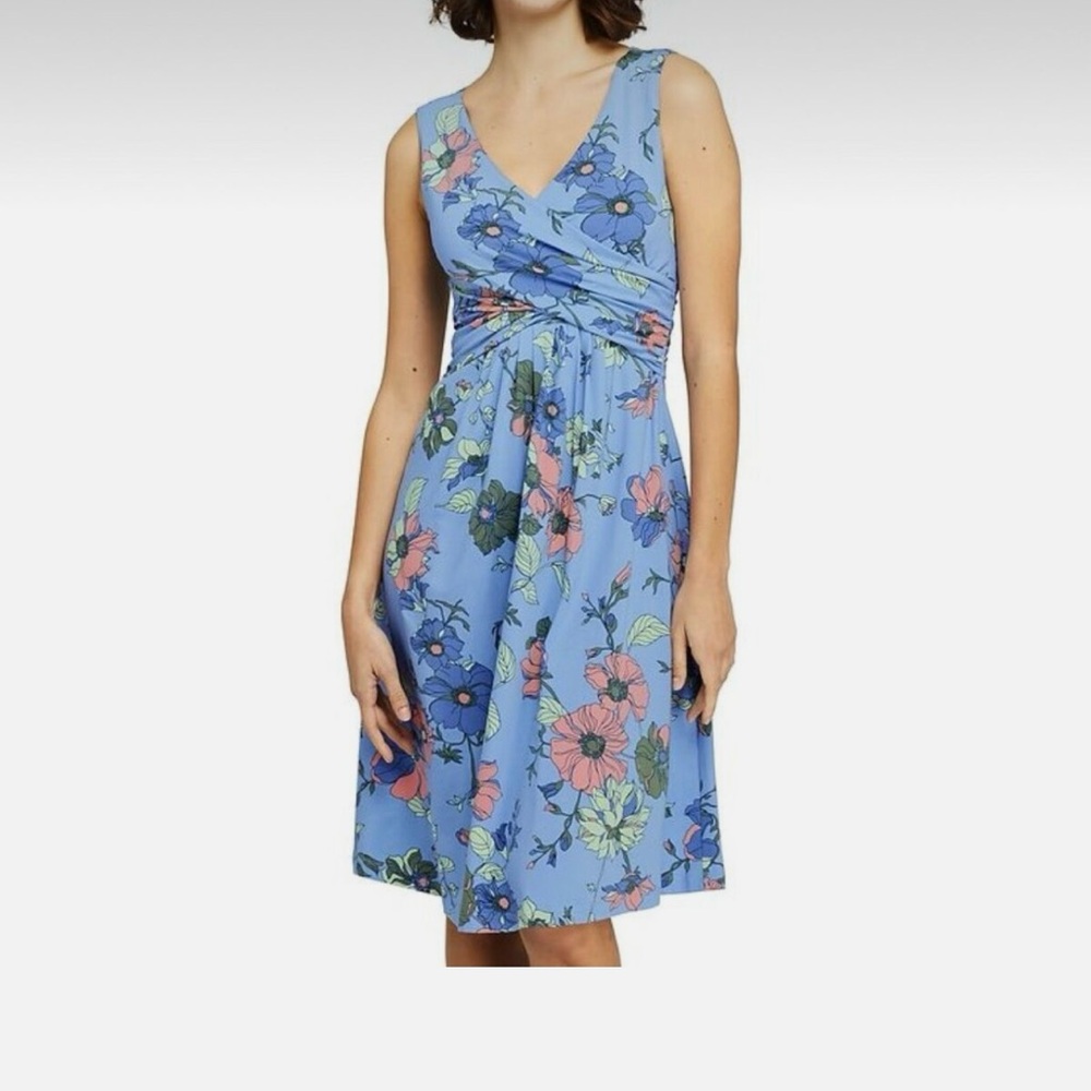 Lands End Sz M Sleeveless Dress 10-12 Surplice V Neck Floral Jersey Knit Pastels